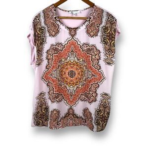 DR2 Women's Size L Mandala Print Short‎ Sleeve Top Pink Bohemian Rolled Sleeve